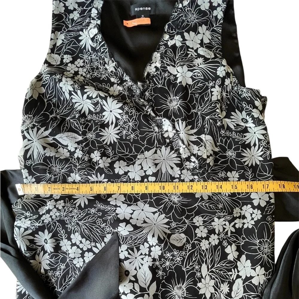 Spense Black White Floral Silk Special Occasion Dress, Satin Sash, 12 - Picture 9 of 9